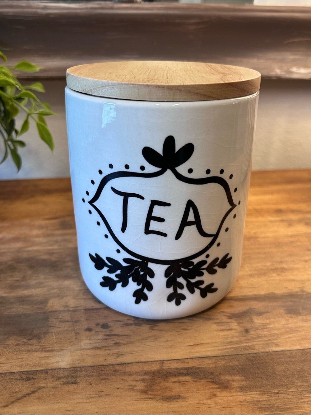 Vintage Rae Dunn Style White Crackle Glaze Farmhouse Tea Crock with Wooden Lid
